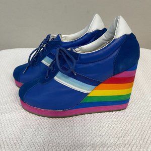 JEFFREY CAMPBELL ~ Chrissie Rainbow Wedge Tennis Shoes in Blue - Size 8M!